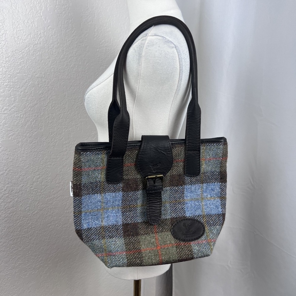 Harris Tweed Scotland Deerskin Tote Bag Plaid Wool Shoulder Purse Preppy Rustic